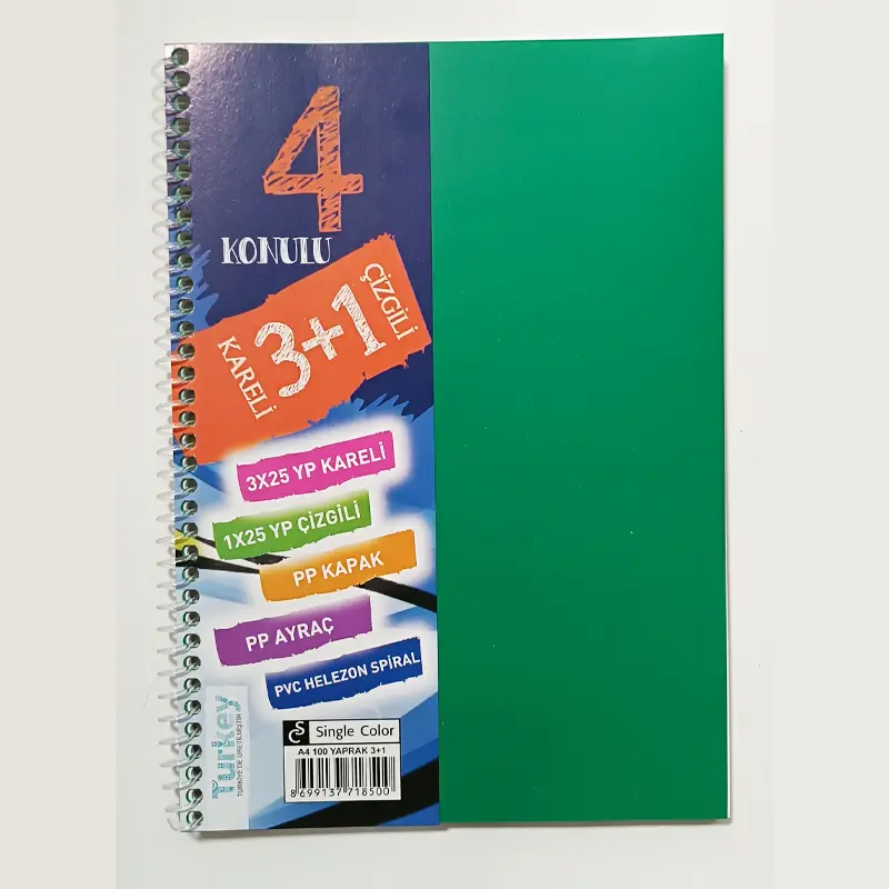 Single Color Plastik Kapak Spiralli Ayraçlı Defter A4 100 Yaprak 3+1