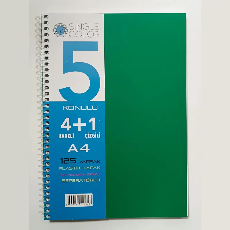Single Color Plastik Kapak Spiralli Ayraçlı Defter A4 125 Yaprak 4+1