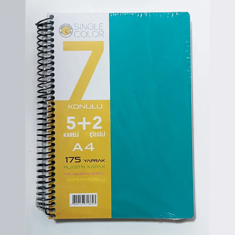 Single Color Plastik Kapak Spiralli Ayraçlı Defter A4 175 Yaprak 5+2