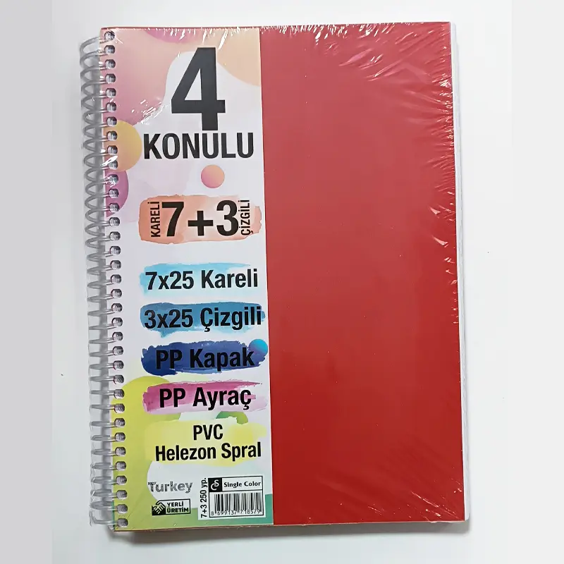 Single Color Plastik Kapak Spiralli Ayraçlı Defter A4 250 Yaprak 7+3