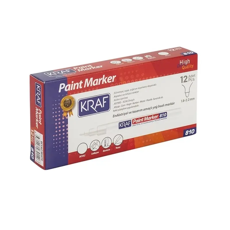Kraf 810 Endüstriyel Yağ Bazlı Paint Marker 1.8mm - 2.2mm Beyaz 12 Li Kutu