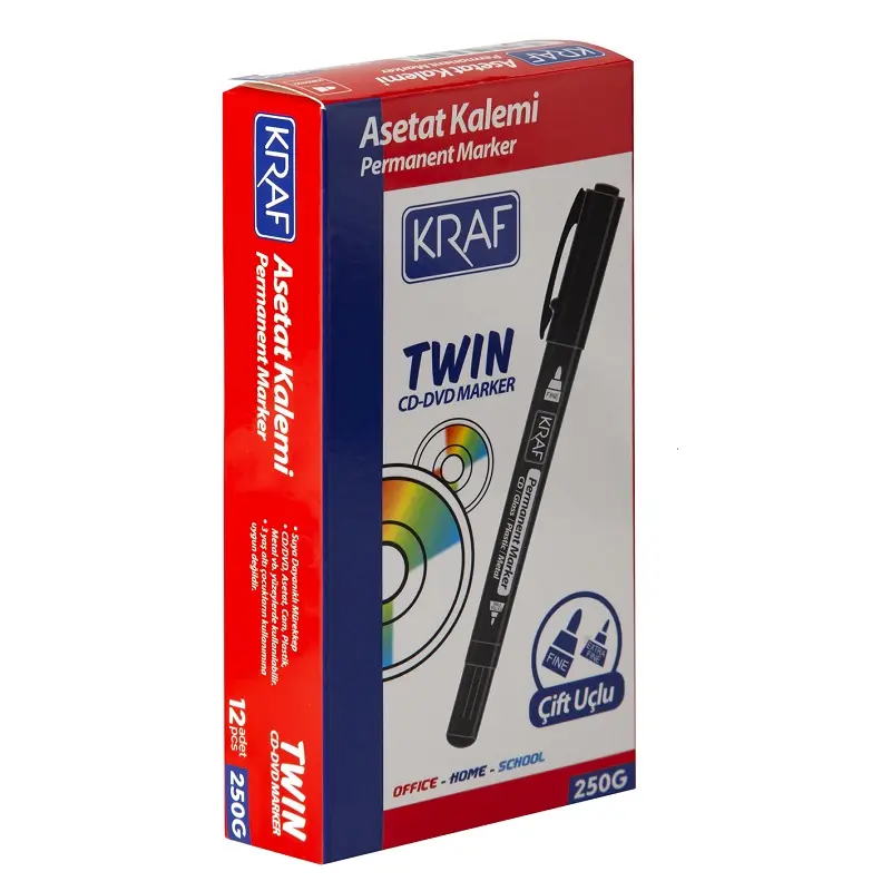 Kraf 250G Twin Çift Uçlu Cd & DVD Asetat Kalemi Siyah 12 Li Kutu