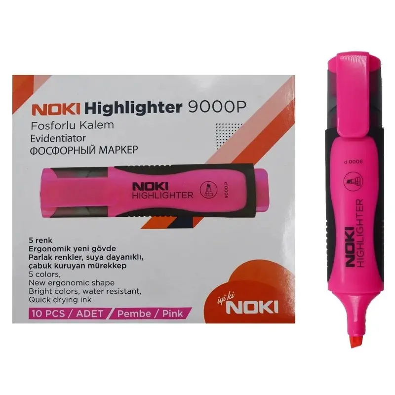Noki 9000P Fosforlu Kalem 5 mm Kesik Uç Pembe 10 Lu Kutu