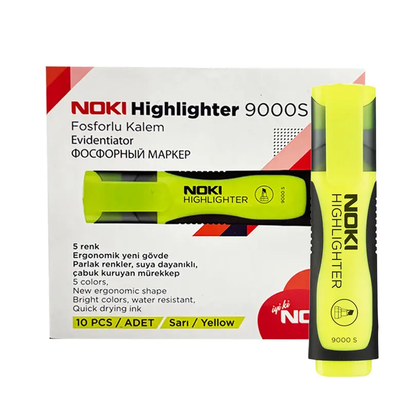 Noki 9000S Fosforlu Kalem 5 mm Kesik Uç Sarı 10 Lu Kutu