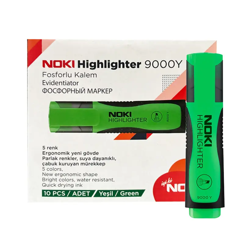 Noki 9000Y Fosforlu Kalem 5 mm Kesik Uç Yeşil 10 Lu Kutu