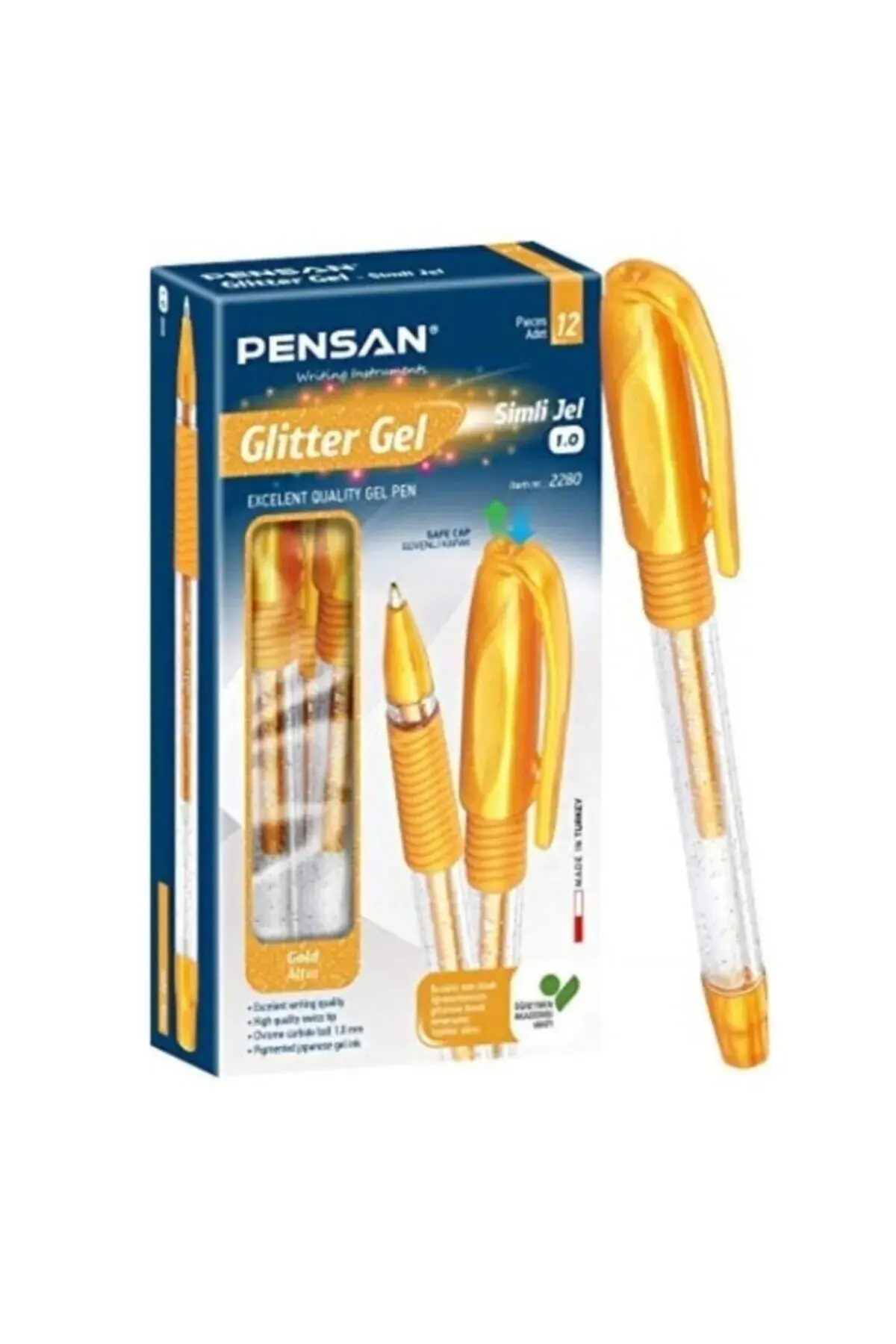 Pensan 2280 Glitter Simli Jel Kalem 1.0 mm Altın 12 Li Kutu
