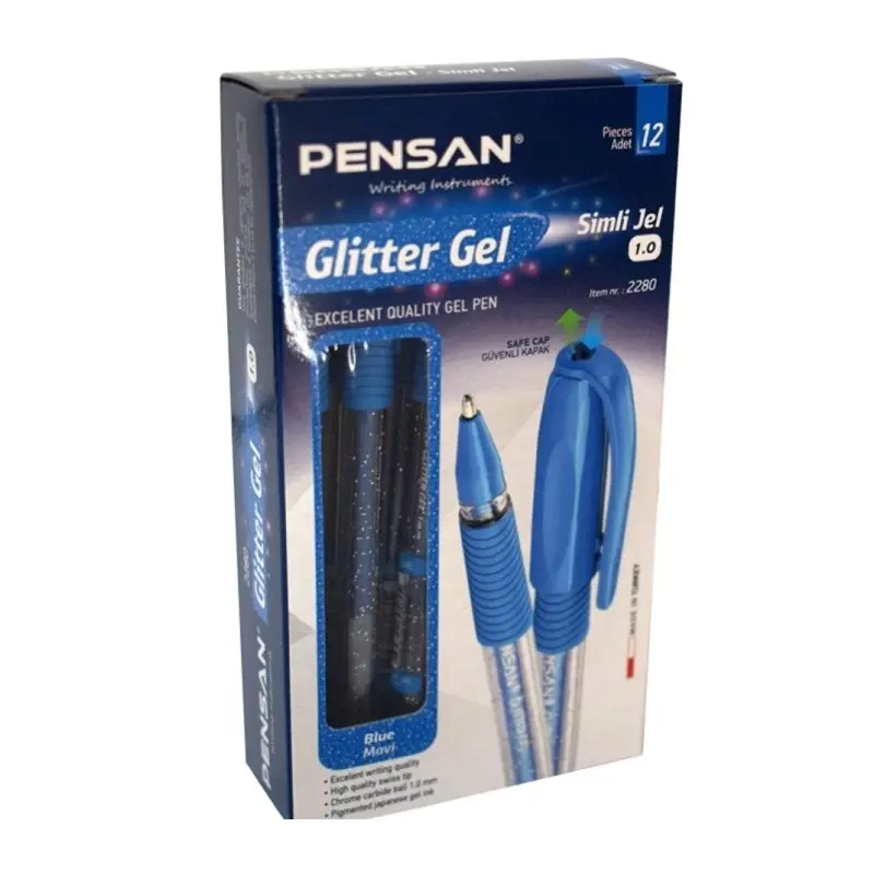 Pensan 2280 Glitter Simli Jel Kalem 1.0 mm Mavi 12 Li Kutu