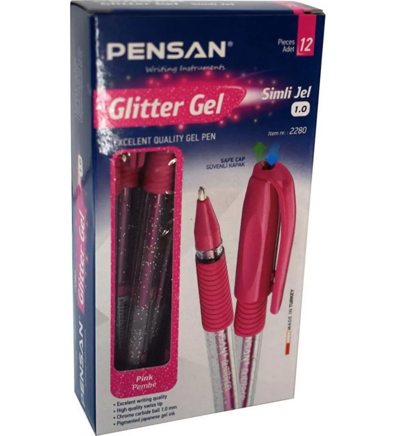 Pensan 2280 Glitter Simli Jel Kalem 1.0 mm Pembe 12 Li Kutu