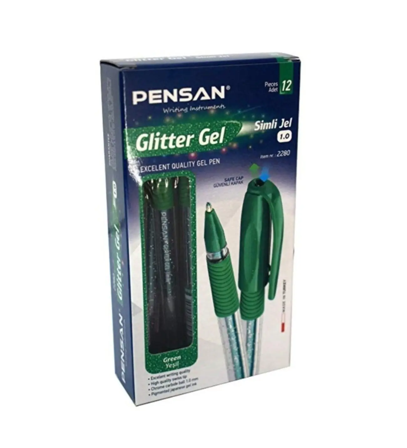 Pensan 2280 Glitter Simli Jel Kalem 1.0 mm Yeşil 12 Li Kutu