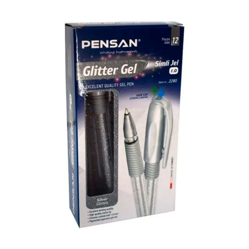 Pensan 2280 Glitter Simli Jel Kalem 1.0 mm Gümüş 12 Li Kutu