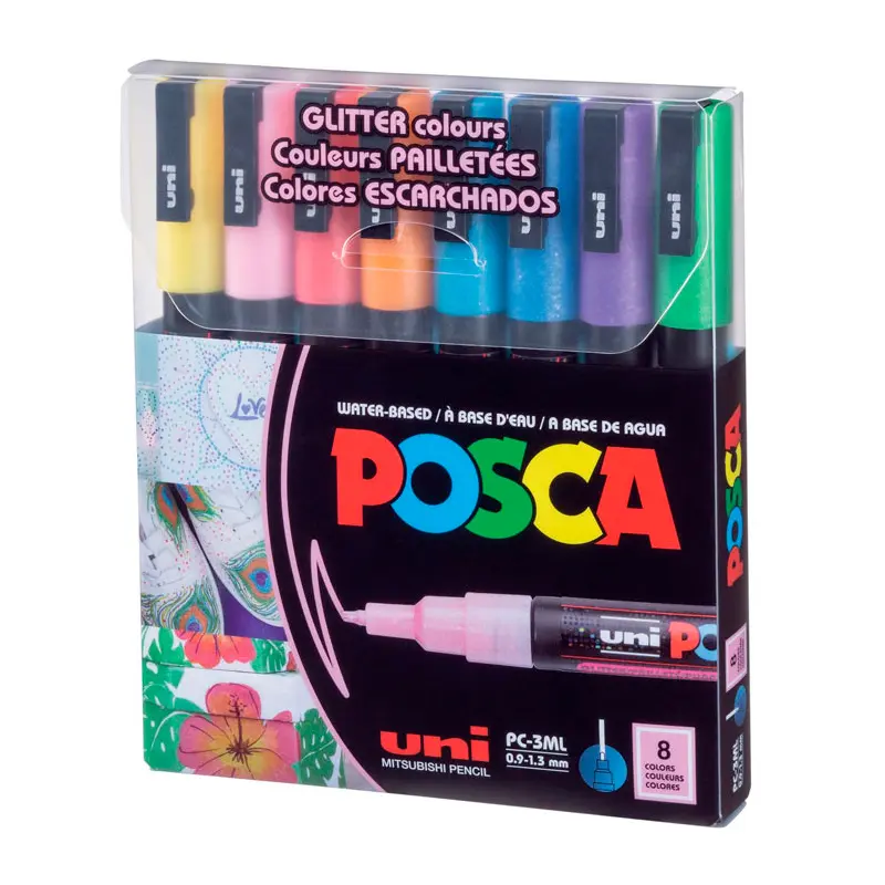 Uni-Ball PC-3ML Posca 0.9-1.3mm Su Bazlı Poster Markörü Simli Renkler 8 Renk