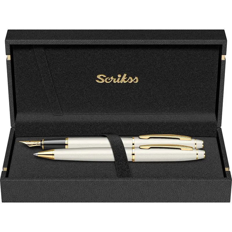 Scrikss 35 İkili Set Dolma Kalem + Tükenmez Kalem Noble Beyaz Altın