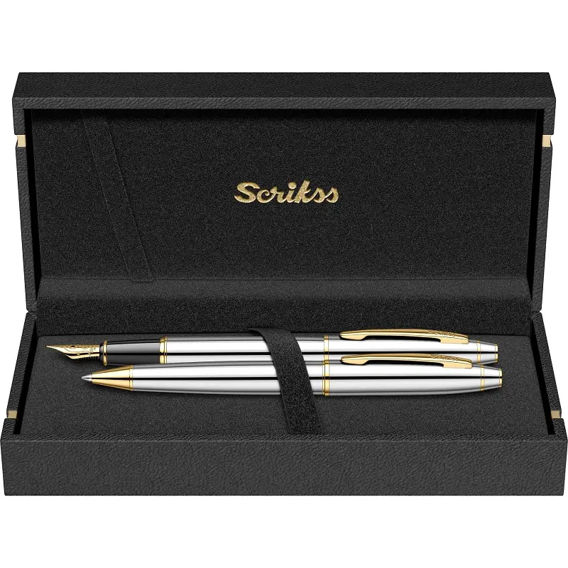 Scrikss 35 İkili Set Dolma Kalem + Tükenmez Kalem Noble Gold Krom