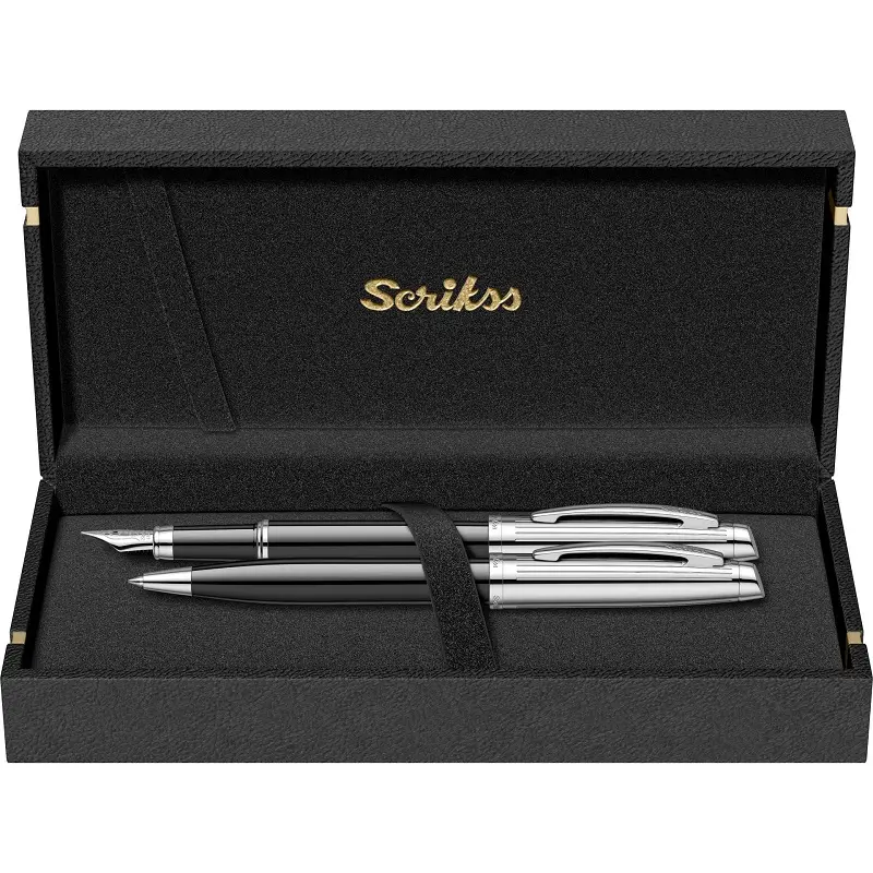Scrikss 39 Oscar İkili Set Dolma Kalem - Tükenmez Kalem Siyah Krom