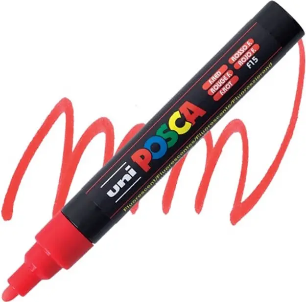 Uni-Ball Posca PC-5M 1.8 - 2.5 mm Su Bazlı Poster Markörü Fosforlu Kırmızı 6 Lı Kutu