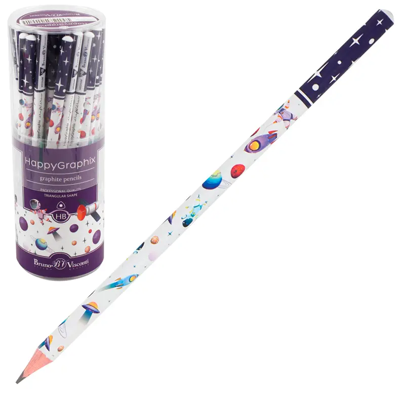 Bruno Visconti HappyGraphix Space Desen Üçgen Gövde Kurşun Kalem HB 50 Li Paket