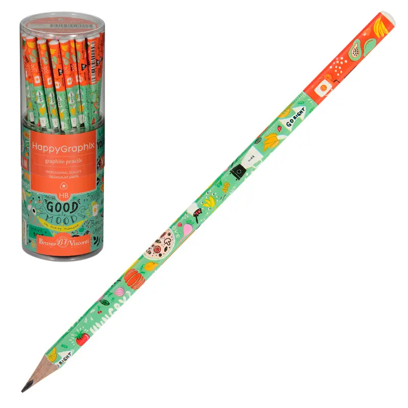 Bruno Visconti HappyGraphix Vegan Kapak Desen Üçgen Gövde Kurşun Kalem HB 50 Li Paket