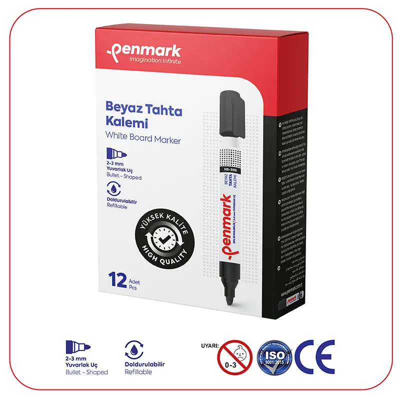 Penmark Beyaz Tahta Kalemi 2-3mm Yuvarlak Uç Siyah x 12 Li Kutu