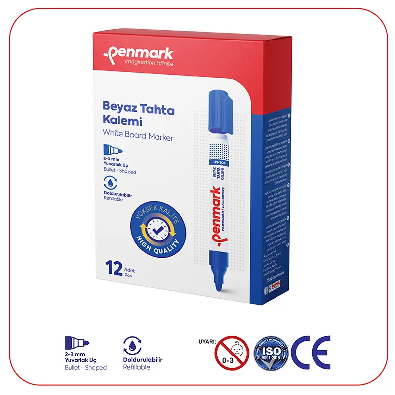 Penmark Beyaz Tahta Kalemi 2-3mm Yuvarlak Uç Mavi x 12 Li Kutu