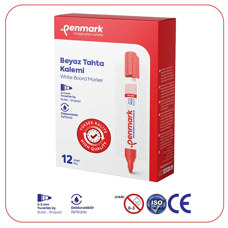 Penmark Beyaz Tahta Kalemi 2-3mm Yuvarlak Uç Kırmızı x 12 Li Kutu