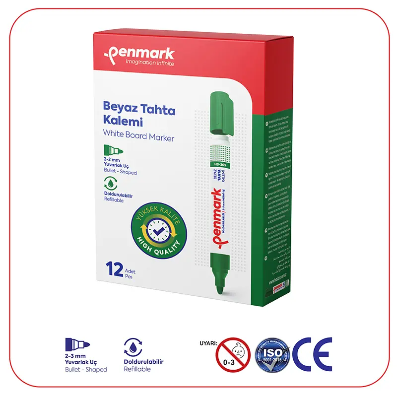 Penmark Beyaz Tahta Kalemi 2-3mm Yuvarlak Uç Yeşil x 12 Li Kutu