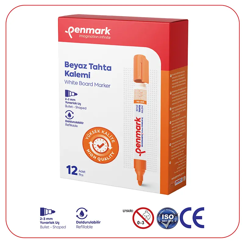 Penmark Beyaz Tahta Kalemi 2-3mm Yuvarlak Uç Turuncu x 12 Li Kutu