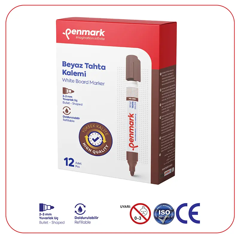 Penmark Beyaz Tahta Kalemi 2-3mm Yuvarlak Uç Kahverengi x 12 Li Kutu