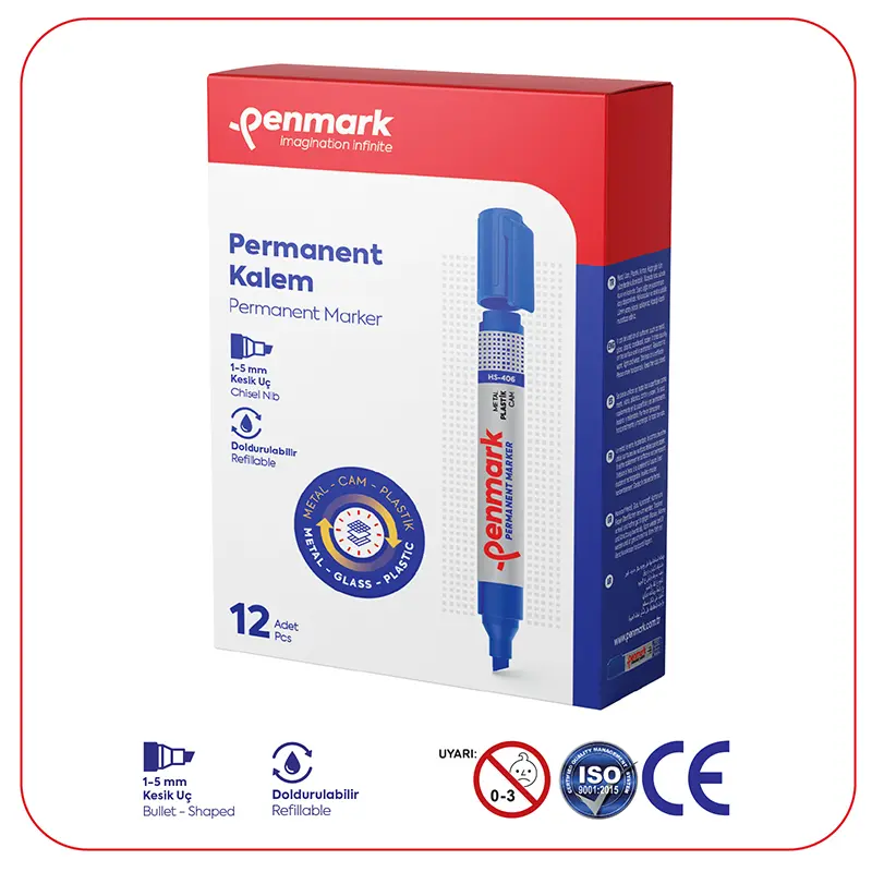 Penmark Doldurabilir Permanent Marker 1-5mm Kesik Uç Mavi x 12 Li Kutu