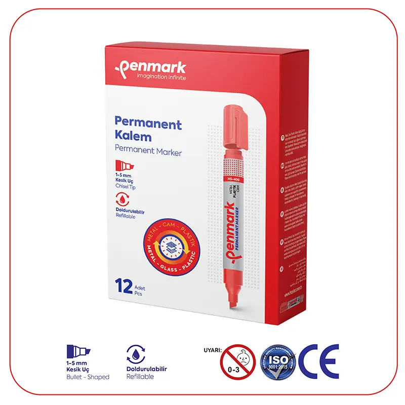 Penmark Doldurabilir Permanent Marker 1-5mm Kesik Uç Kırmızı x 12 Li Kutu