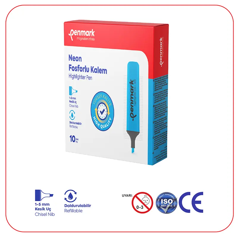 Penmark Neon Fosforlu Kalem 1-5mm Kesik Uç Cam Göbeği x 10 Lu Kutu