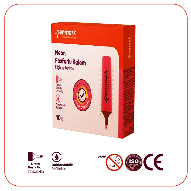 Penmark Tropik Fosforlu Kalem 1-5mm Kesik Uç Kırmızı x 10 Lu Kutu