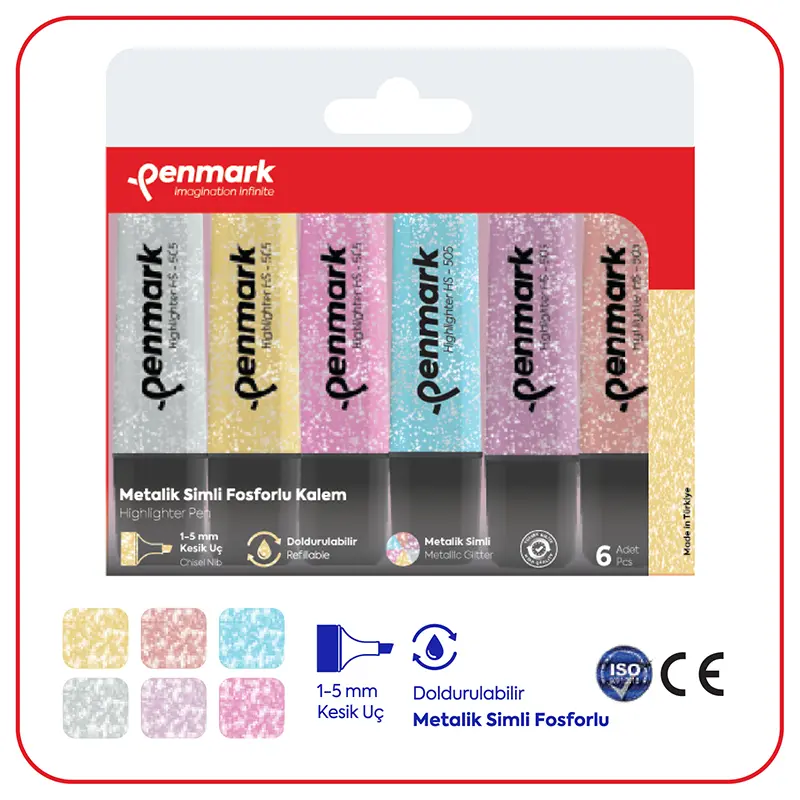 Penmark Metalik Simli Fosforlu Kalem Karışık 6 Renk